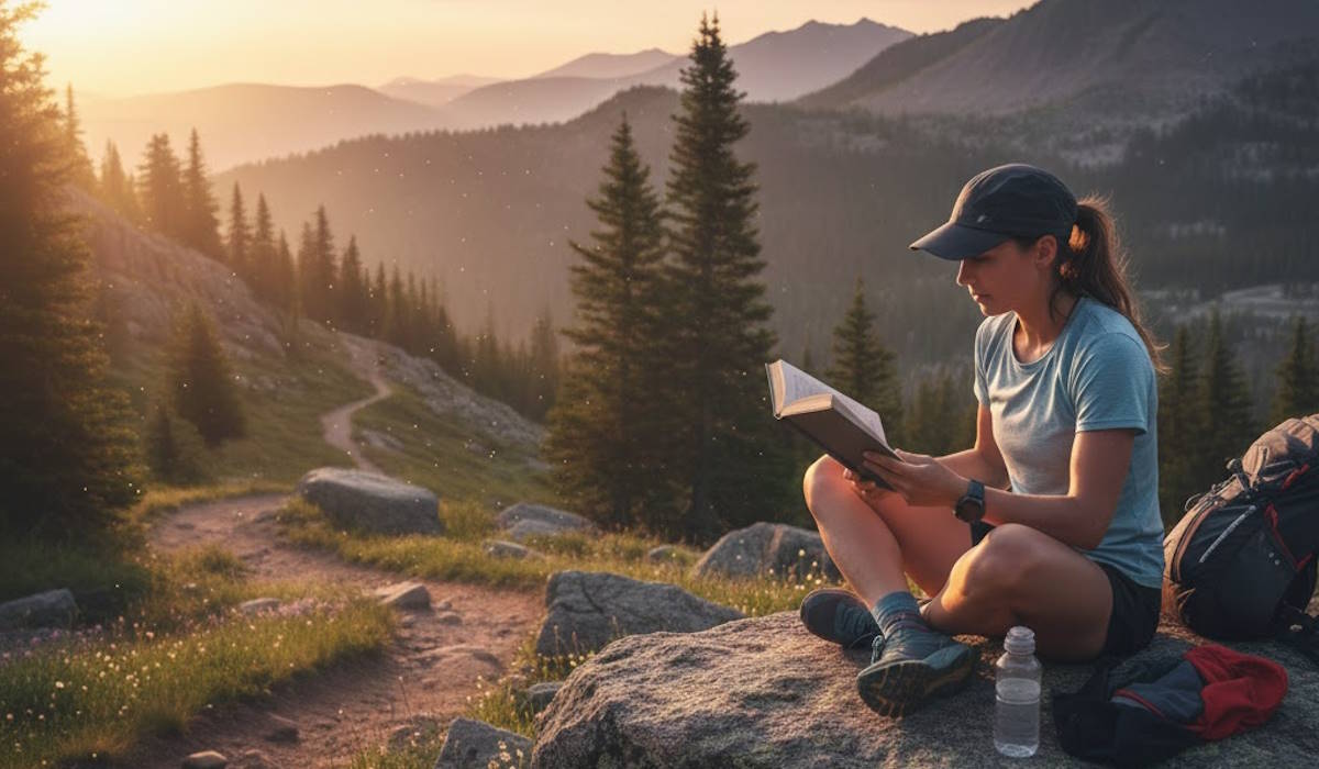 Reading a book on a mountain trail.